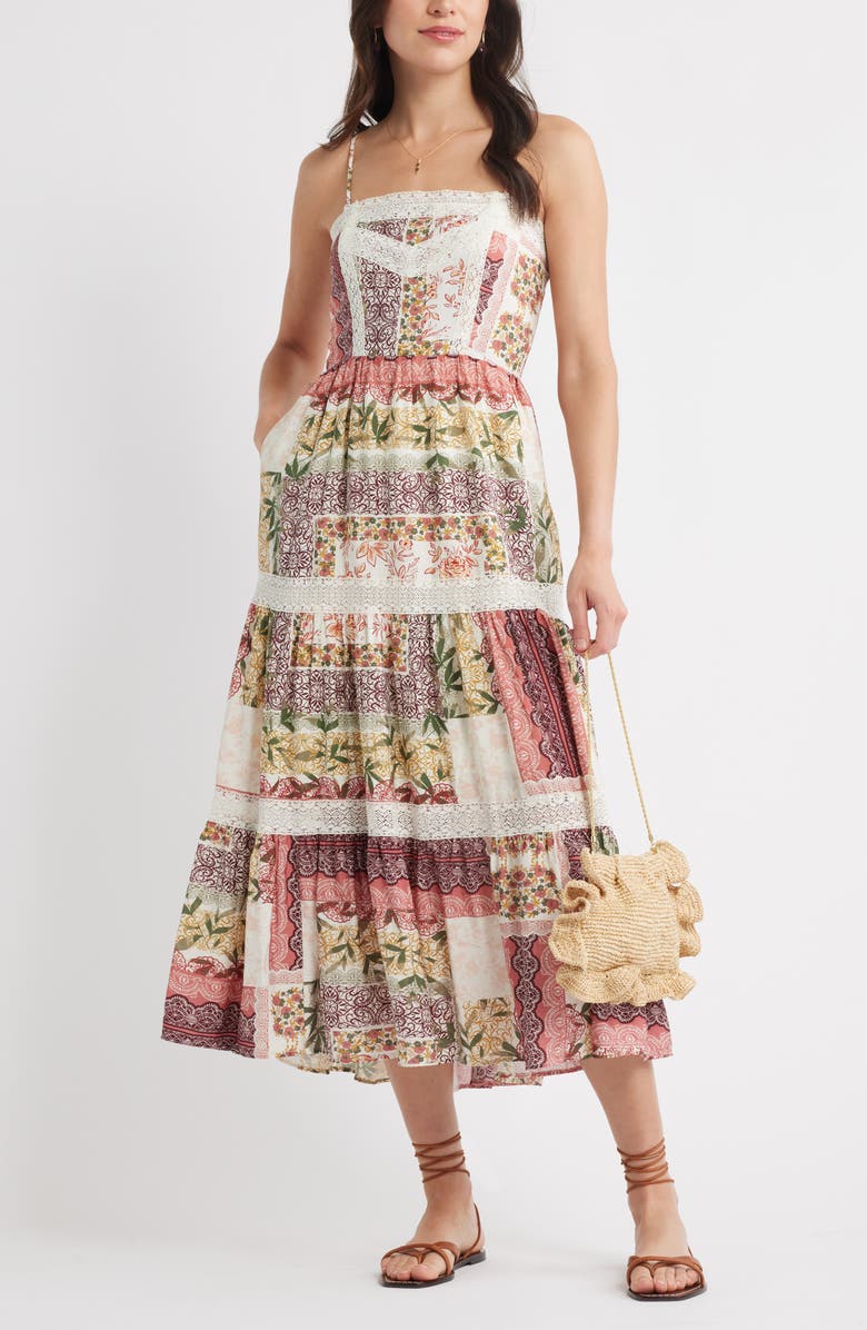 Chelsea28 Lace Inset Patchwork Midi Dress, Alternate, color, Burgundy Print Mix