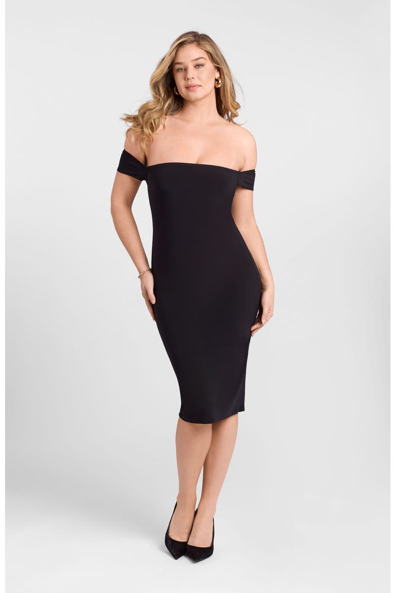 Sculpting Shapewear Straight Neck Off The Shoulder Midi Dress, Main, color, Onyx Black