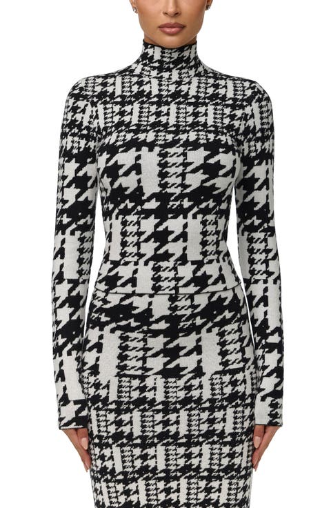 Dual Houndstooth Turtleneck Knit Top