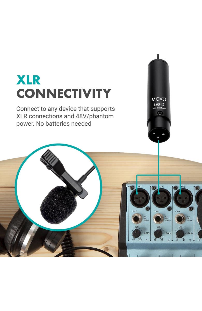 MOVO LV8-D Broadcast-Quality XLR Lavalier Omni-Directional Wired Microphone, Alternate, color, Black