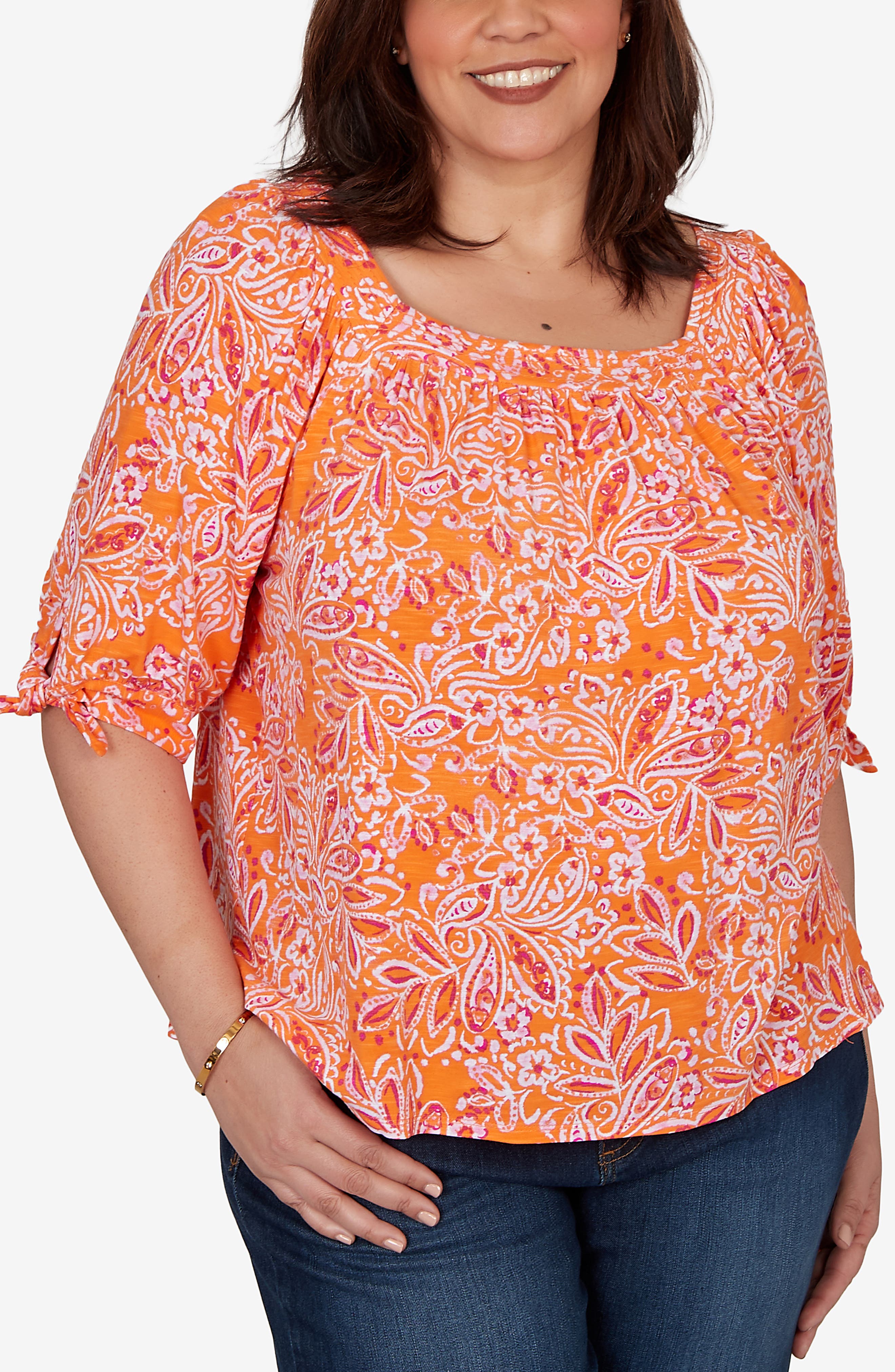 RUBY RD Floral Three-Quarter Sleeve Slub Top