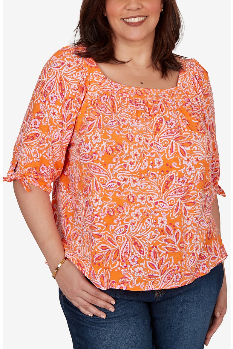 Floral Three-Quarter Sleeve Slub Top, Main, color, MANDERIN MULTI