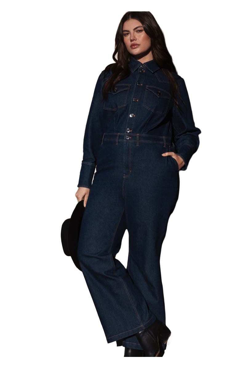 ELOQUII Western Detail Denim Jumpsuit, Main, color, Dark Wash