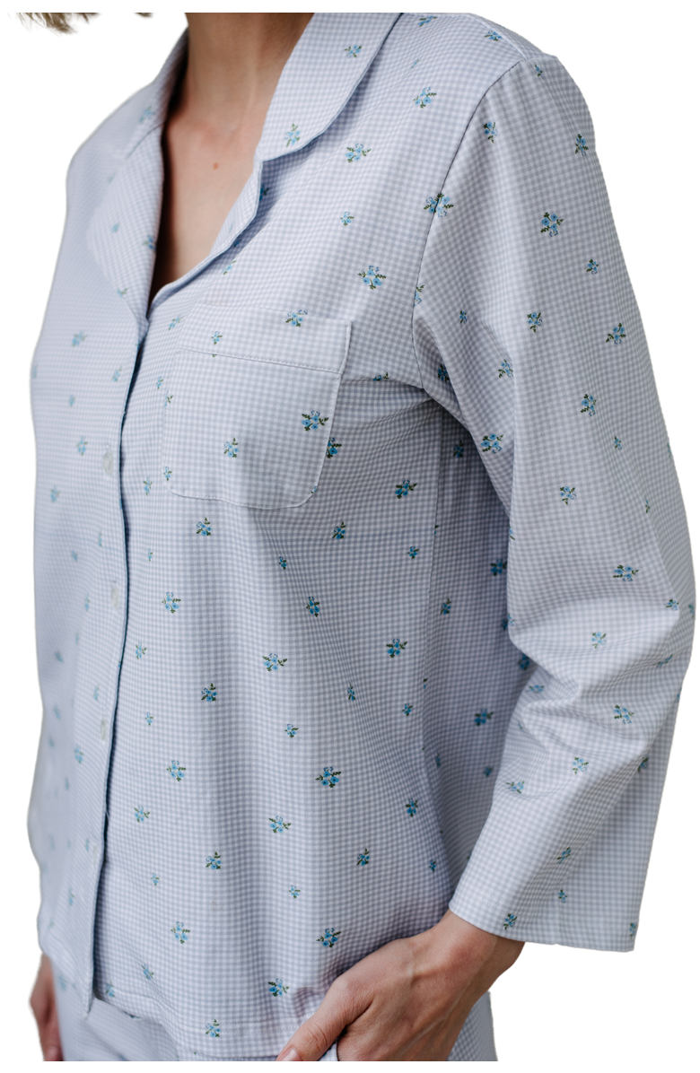 noon Stretch Cotton Long Pajama Set, Alternate, color, Blue Floral Gingham