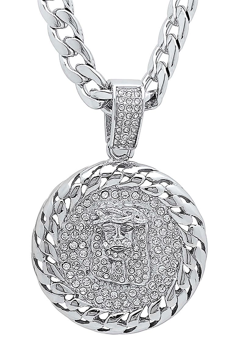 Men's Simulated Diamond Jesus Medallion Necklace, Main, color, SILVER