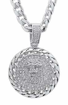Men's Simulated Diamond Jesus Medallion Necklace