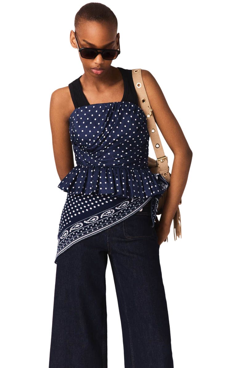 maje Patterned bustier top, Alternate, color, Navy Dot Bandana Print