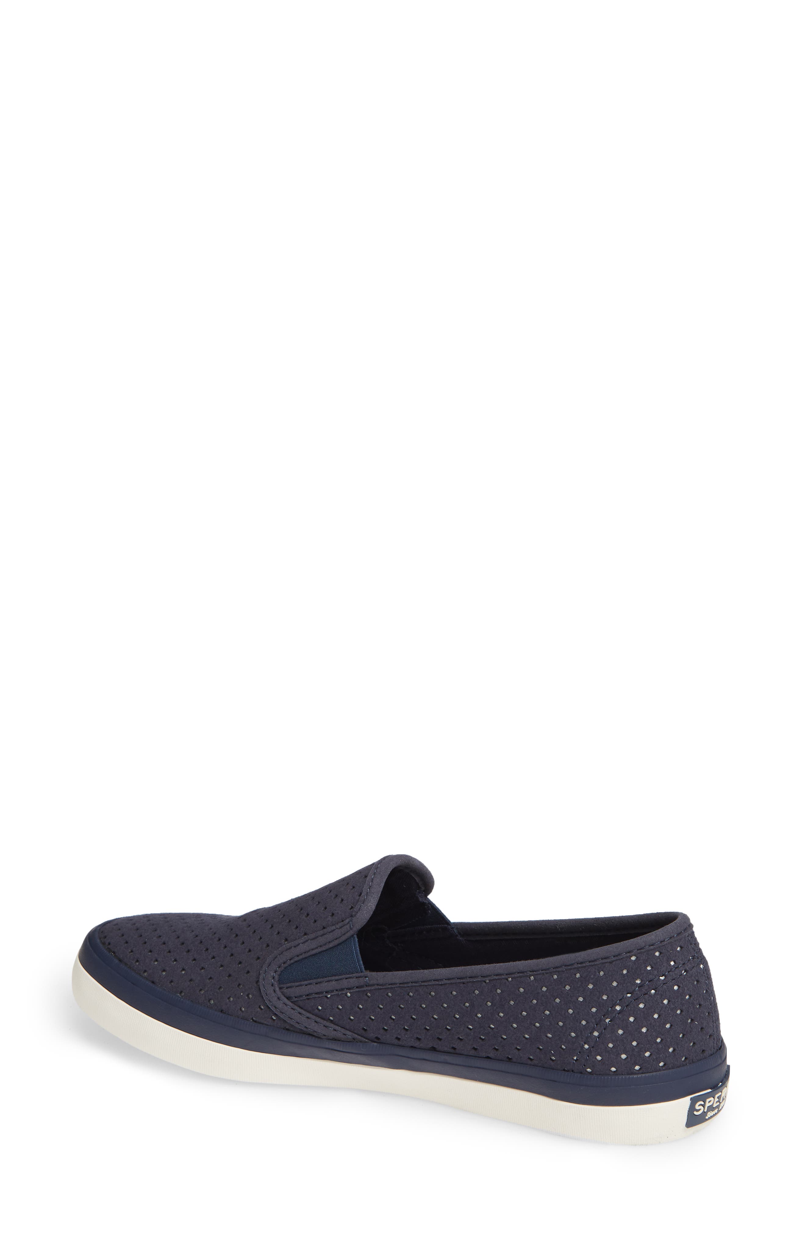 Sperry Seaside Perforated Varsity Slip-On Sneaker, Alternate, color, NAVY SUEDE