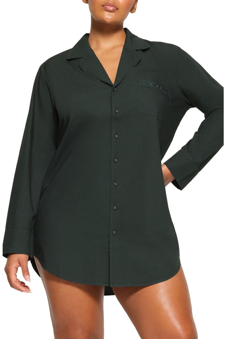 Notch Collar Cotton Sleep Shirtdress, Main, color, PINE