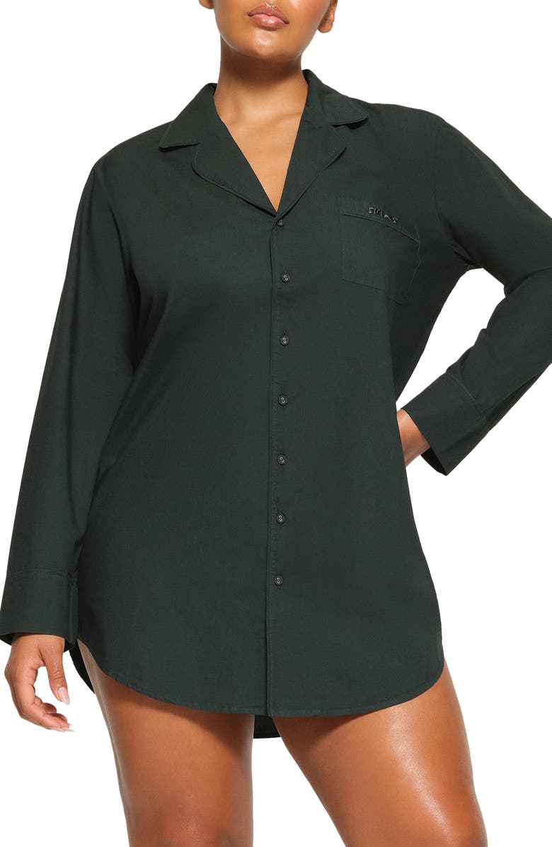 SKIMS Notch Collar Cotton Sleep Shirtdress, Main, color, Pine
