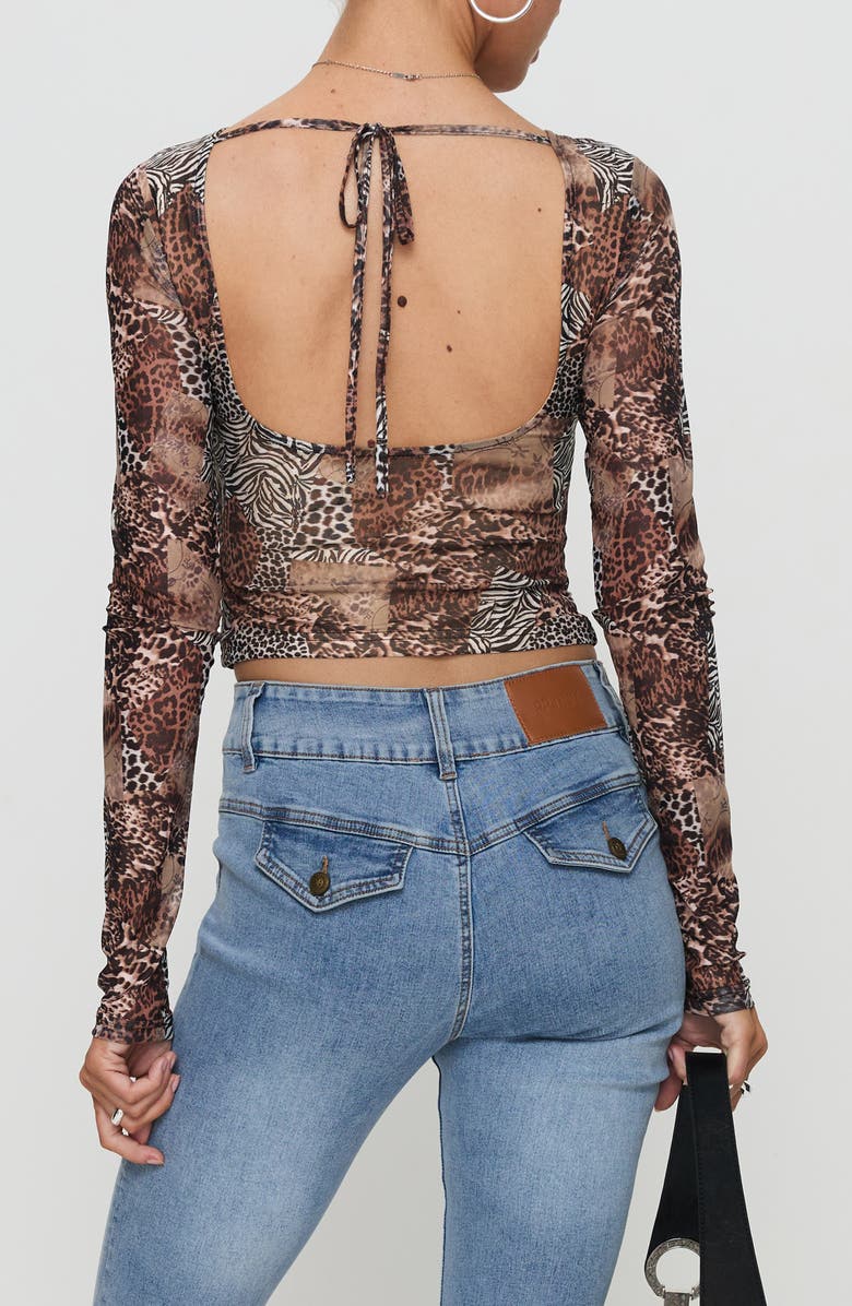Princess Polly Tied In Long Sleeve Mesh Top, Alternate, color, Leopard