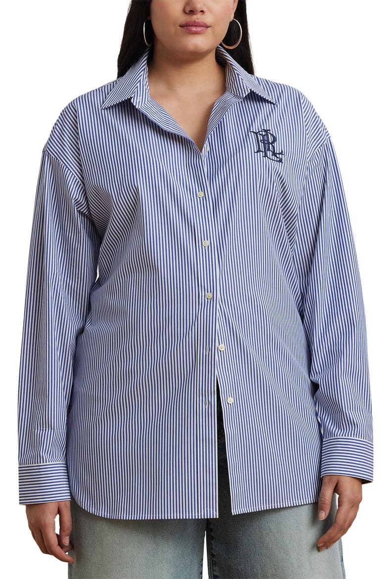 Embroidered Logo Detail Stripe Stretch Cotton Button-Up Shirt, Main, color, BLUE/ WHITE