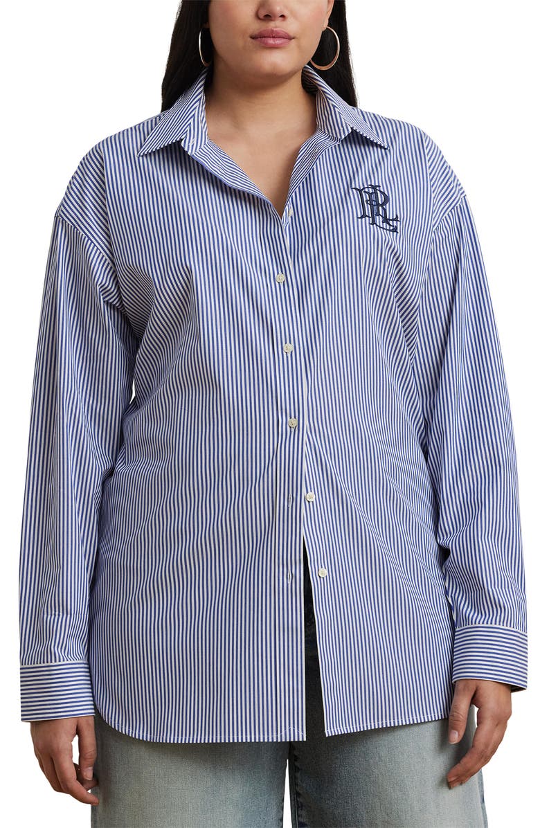 Lauren Ralph Lauren Embroidered Logo Detail Stripe Stretch Cotton Button-Up Shirt, Main, color, Blue/ White