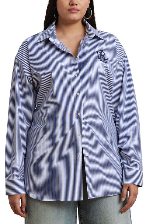 Embroidered Logo Detail Stripe Stretch Cotton Button-Up Shirt (Plus)