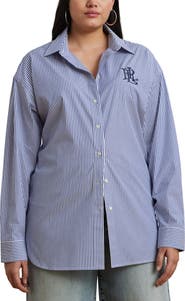 Lauren Ralph Lauren Embroidered Logo Detail Stripe Stretch Cotton Button-Up Shirt