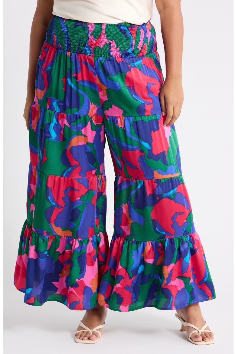 Gem Tone Smocked Waist Satin Flare Pants, Main, color, MAGENTA-BLUE-GREEN