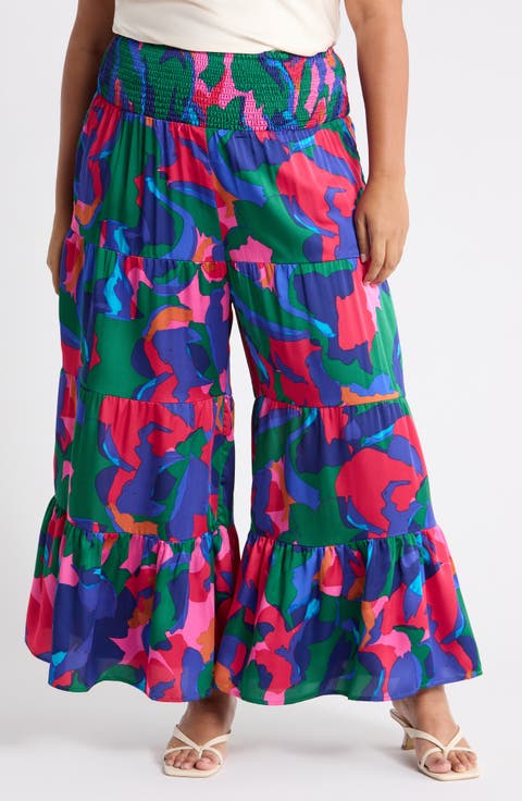 Gem Tone Smocked Waist Satin Flare Pants