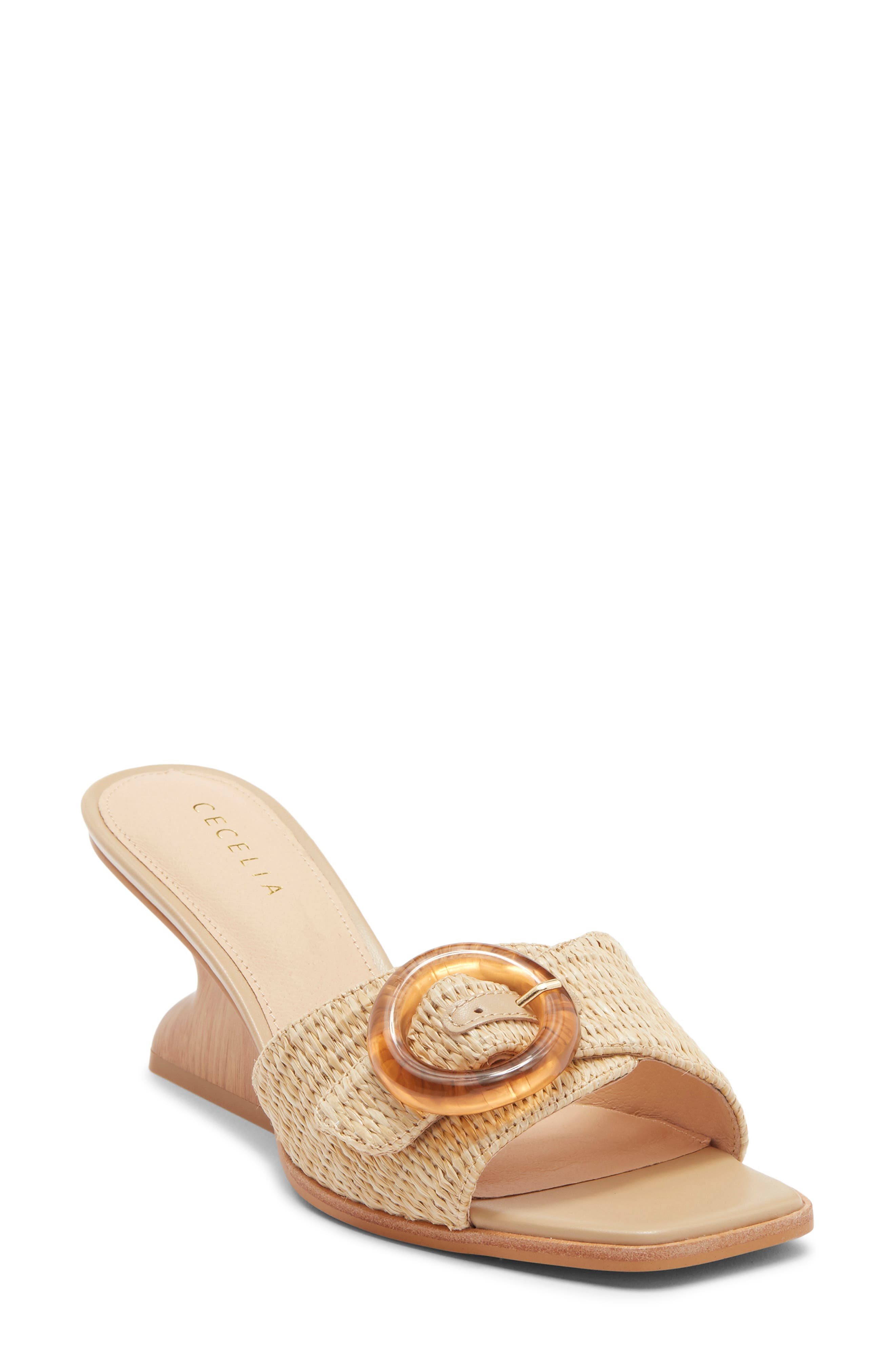 Cecelia New York Checker Buckle Raffia Wedge Slide Sandal, Main, color, Tea