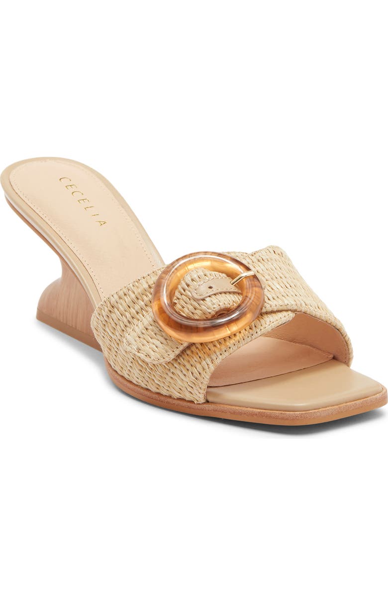 Cecelia New York Checker Buckle Raffia Wedge Slide Sandal, Main, color, Tea