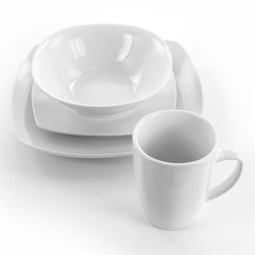 Elama Bishop 16 Piece Soft Square Porcelain Dinnerware Set In White