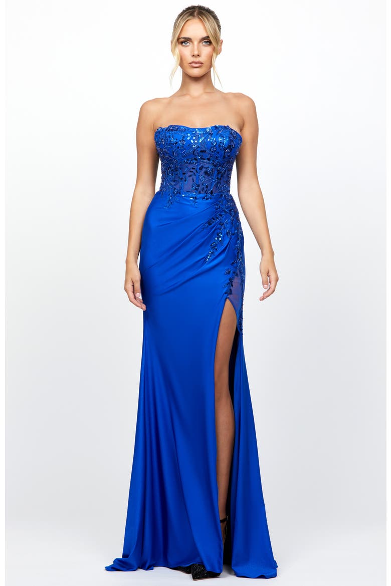 Madeleine Strapless High Split Gown, Main, color, COBALT