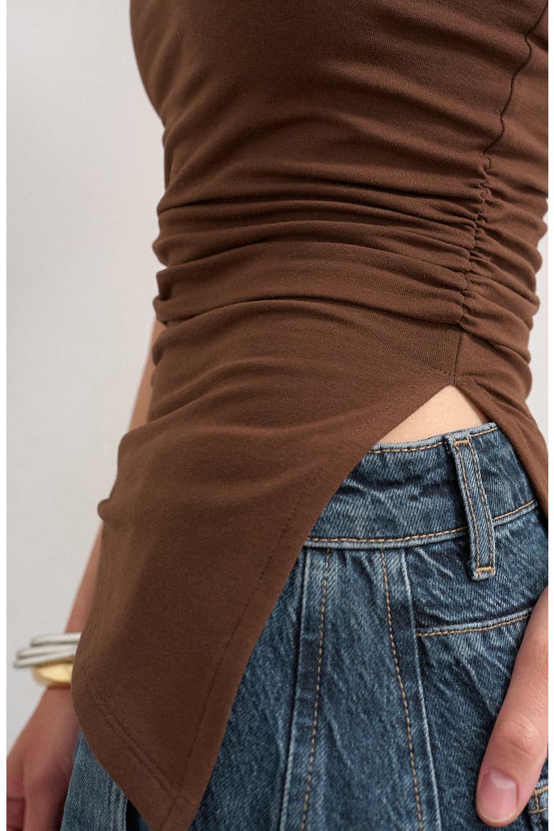 Ruched Asymmetrical Strapless Top, Alternate, color, BROWN