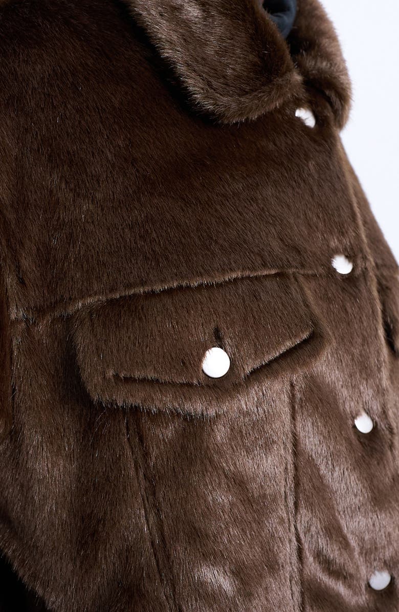 Topshop Faux Fur Western Trucker Jacket, Alternate, color, Brown