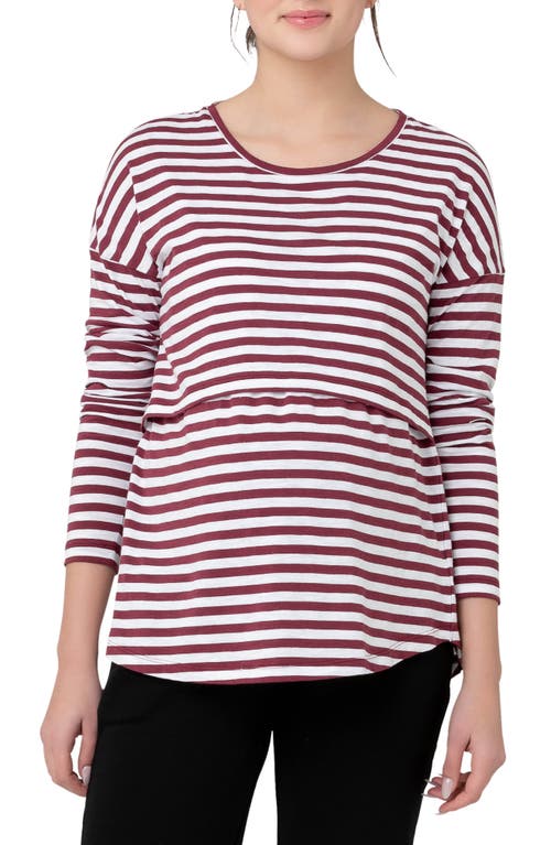 Ripe Maternity Lionel Stripe Long Sleeve Maternity/nursing T-shirt In Burgundy
