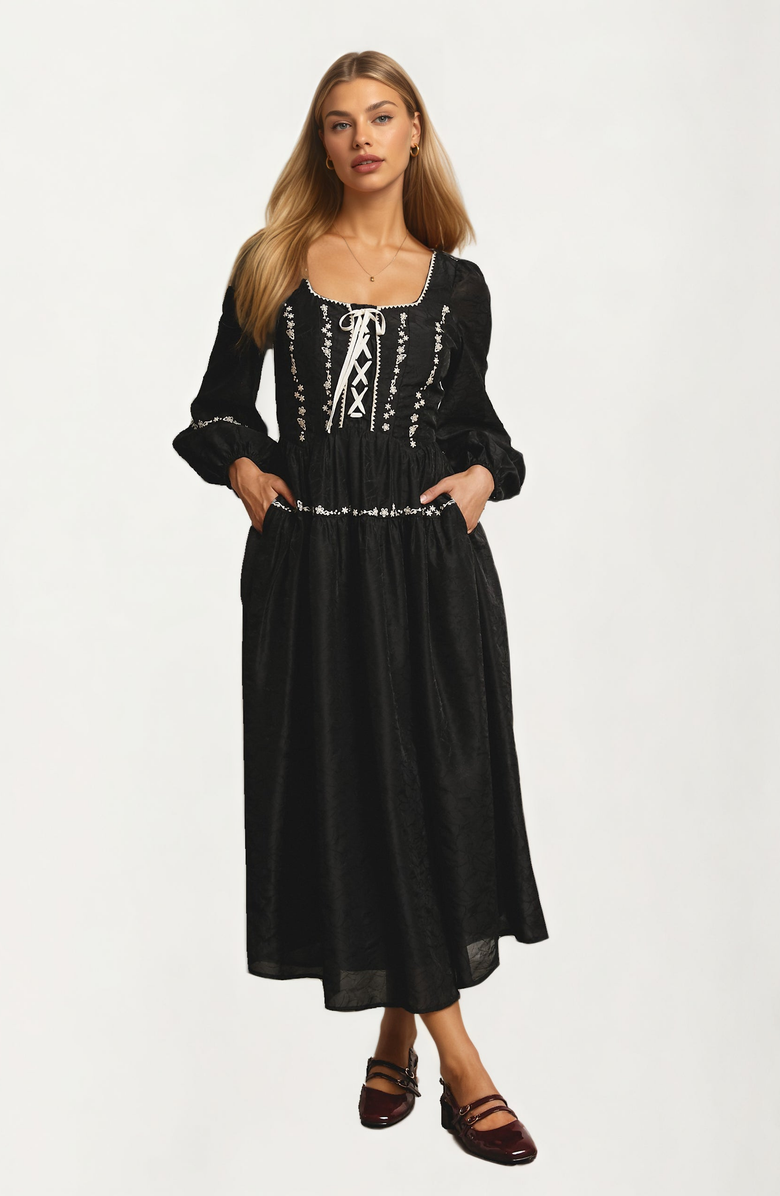 Knit and Lounge Long Sleeve Lace-Up Embroidered Maxi Dress, Alternate, color, Black