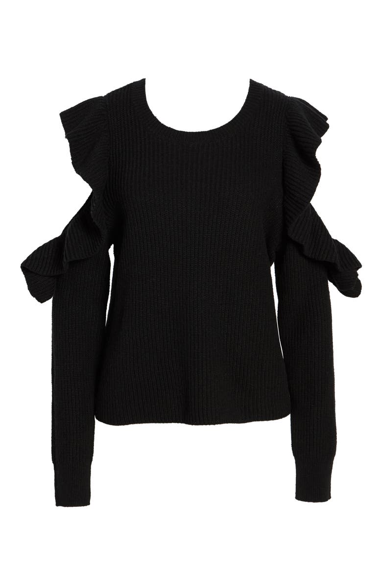 Ruffle Cold Shoulder Sweater, Alternate, color, BLACK