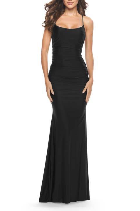 Intricate Lace Up Back Jersey Gown with Ruching