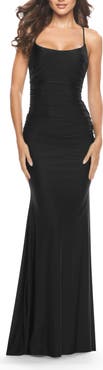 La Femme Intricate Lace Up Back Jersey Gown with Ruching