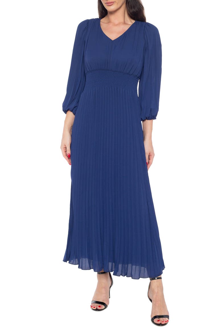 Long Blouson Sleeve Pleated Maxi Dress, Main, color, NAVY