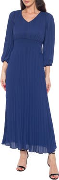 Marina Long Blouson Sleeve Pleated Maxi Dress
