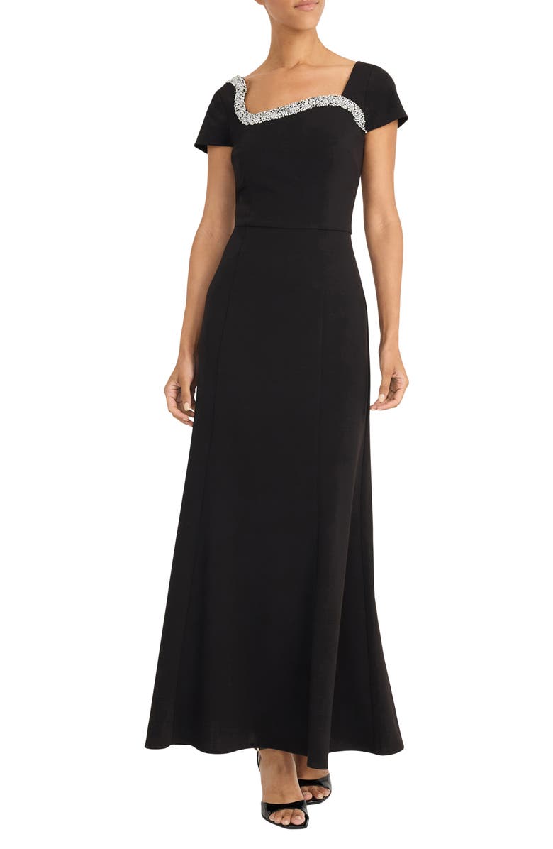 Maggy London Rhinestone Trim Short Sleeve Gown, Main, color, Black