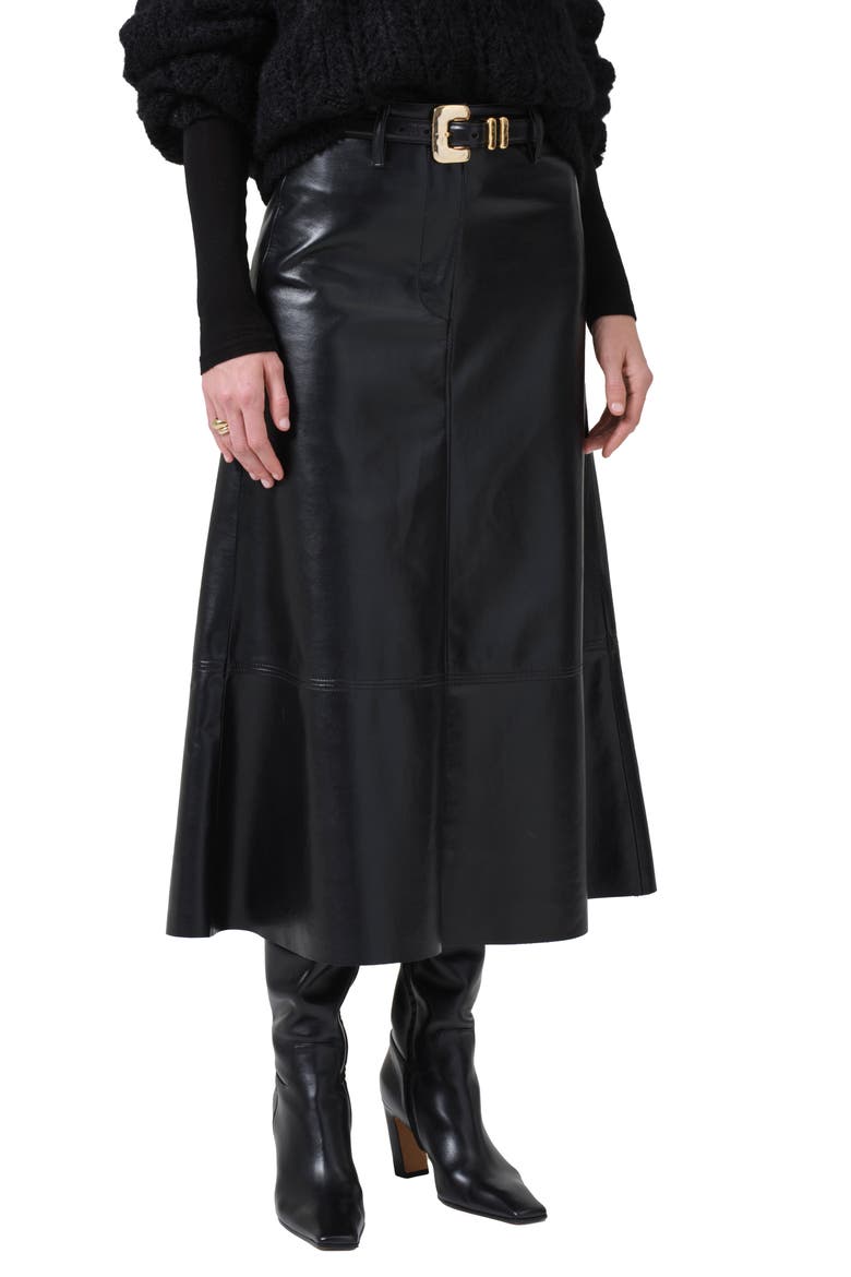 Cassia Faux Leather Midi A-Line Skirt, Alternate, color, BLACK