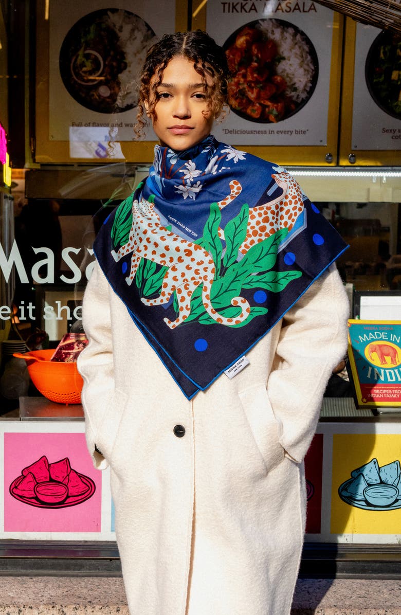 Jessie Zhao New York Double Sided Wool Silk Scarf Of Night Banquet, Alternate, color, Blue