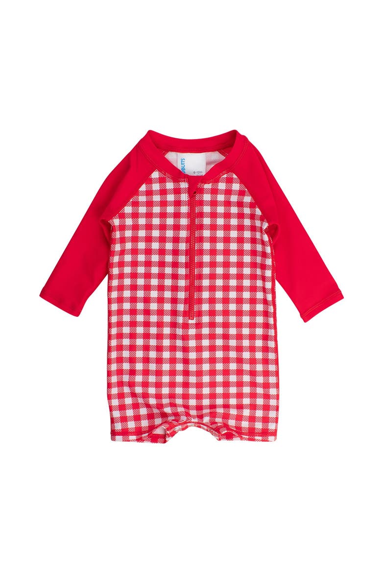 Boys Long Sleeve One Piece Rash Guard, Main, color, Vintage Red Gingham