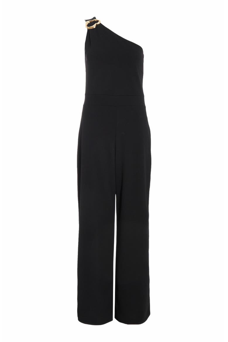 One Shoulder Scuba Crepe Jumpsuit With Gold Buckle, Alternate, color, Black