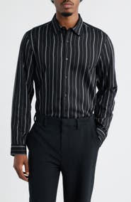 Open Edit Stripe Long Sleeve Button-Up Shirt