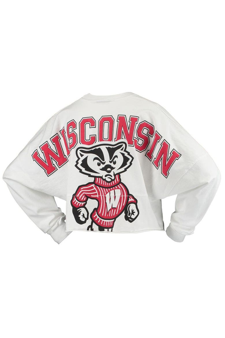 Women's White Wisconsin Badgers Raw Hem Cropped Spirit Jersey Long Sleeve T-Shirt, Alternate, color, WHITE