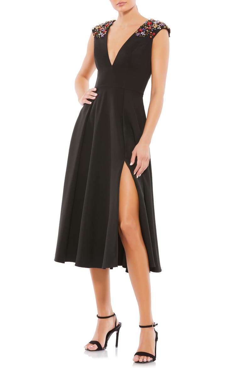 Plunging A-Line Midi Dress, Main, color, BLACK MULTI