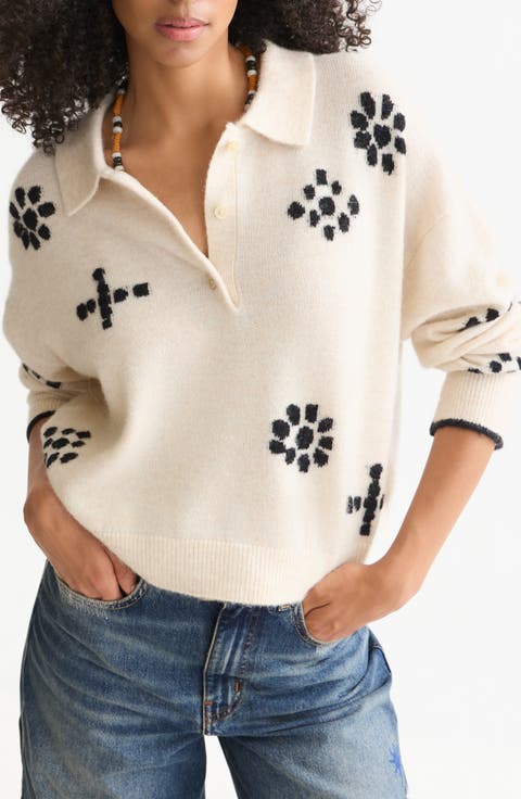 Intarsia Boxy Polo Sweater