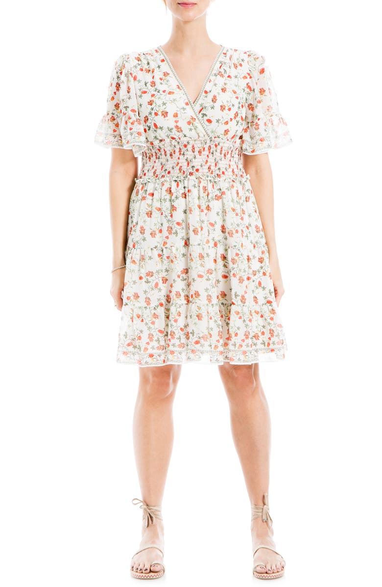 MAX STUDIO Georgette Ditsy Floral Print Tiered Dress, Main, color, Cream/ Poppy Sml Crly Clstrs