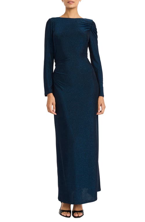 Maggy London Metallic Long Sleeve Gown In Navy