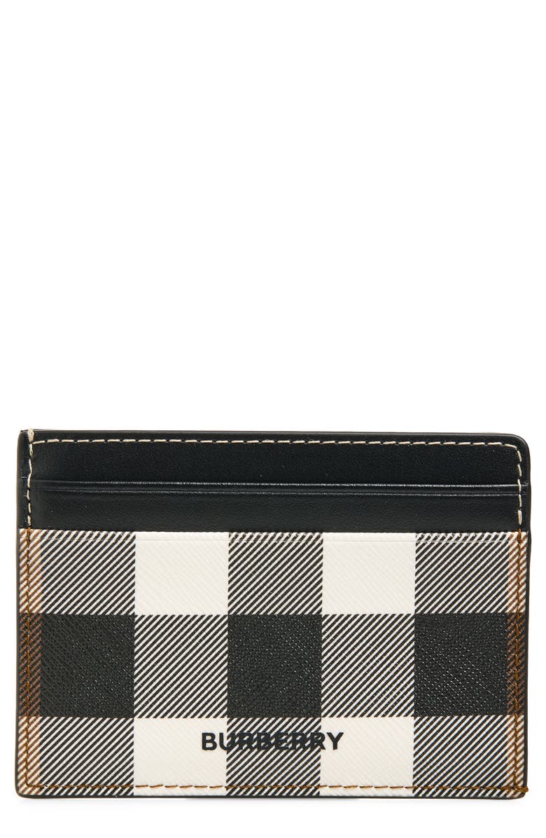 Burberry Sandon Check Leather Card Case, Main, color, Dark Birch Brown/ Black/ White