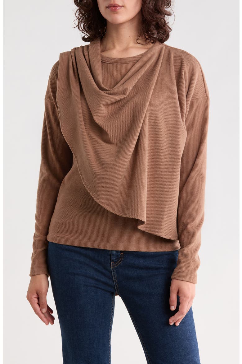 Draped Shawl Rib Knit Top, Main, color, CAMEL