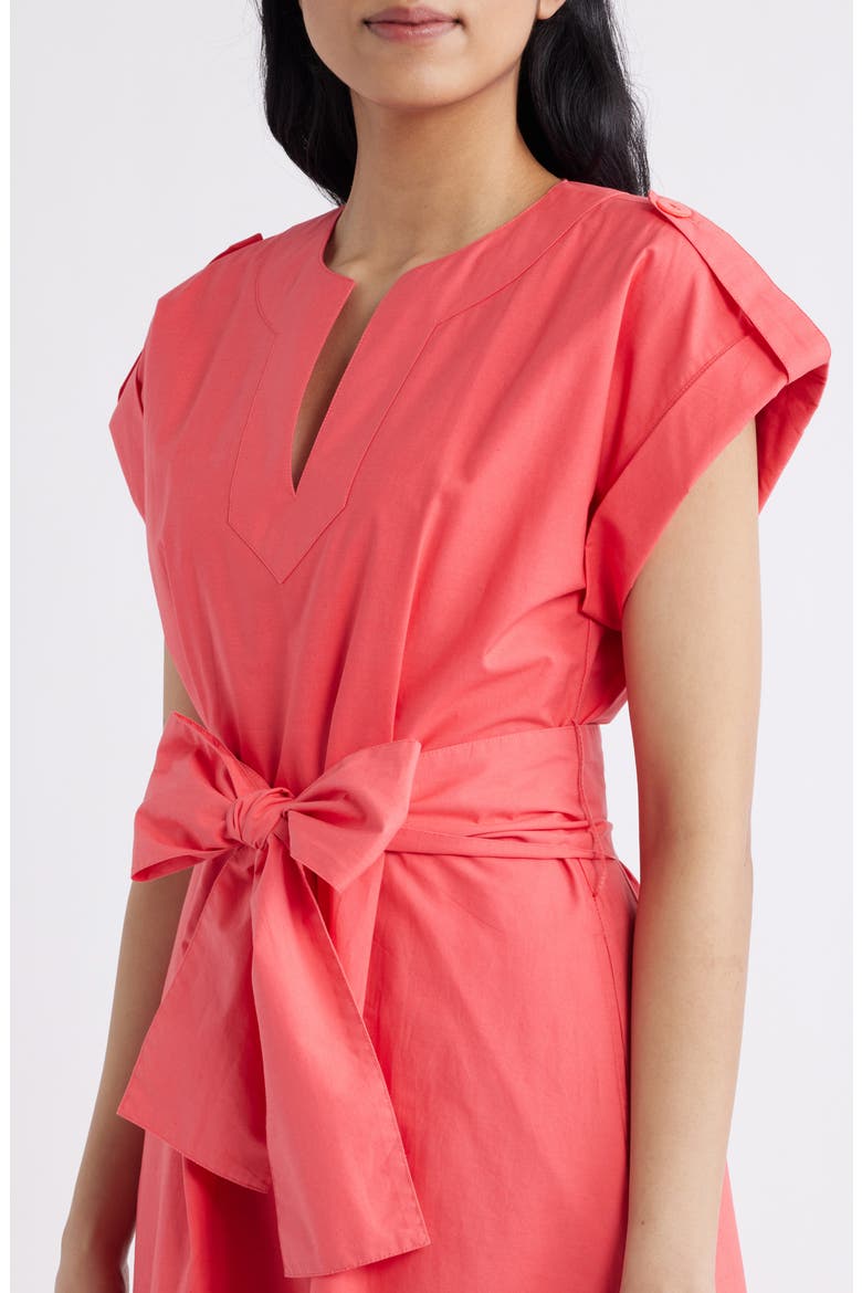 Ladder Stitch Embroidered Tie Belt Cotton Poplin Midi Dress, Alternate, color, CORAL