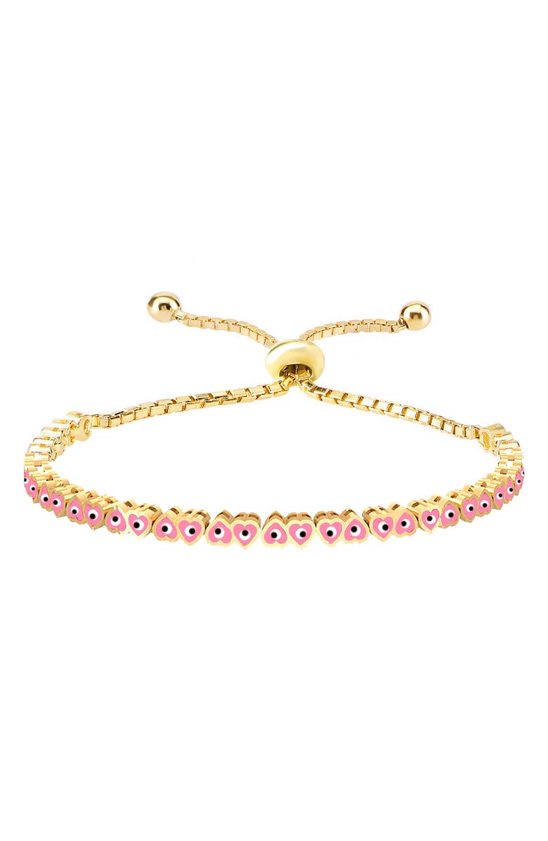 GABI RIELLE 14K Gold Plated Sterling Silver Pink Enamel Heart Evil Eye Slider Bracelet, Main, color, 