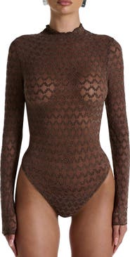 Naked Wardrobe Flocked Velvet Lace Mock Neck Long Sleeve Bodysuit